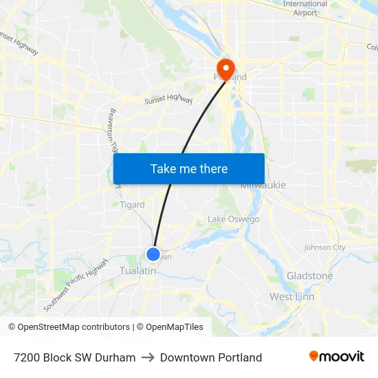 7200 Block SW Durham to Downtown Portland map