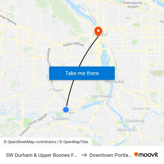 SW Durham & Upper Boones Ferry to Downtown Portland map