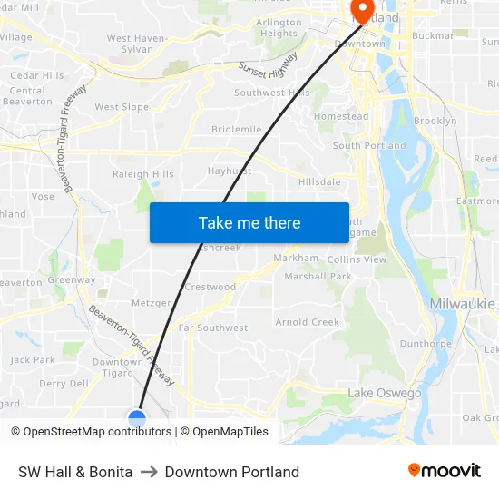 SW Hall & Bonita to Downtown Portland map