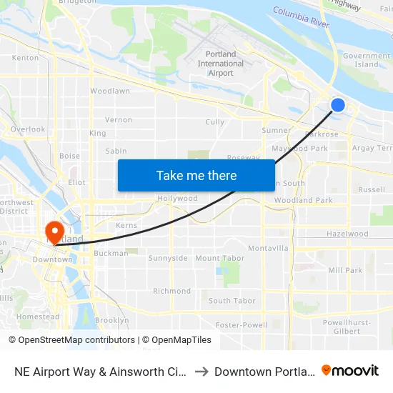 NE Airport Way & Ainsworth Circle to Downtown Portland map