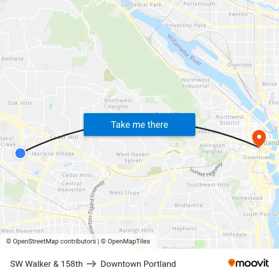 SW Walker & 158th to Downtown Portland map