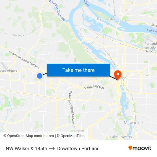 NW Walker & 185th to Downtown Portland map
