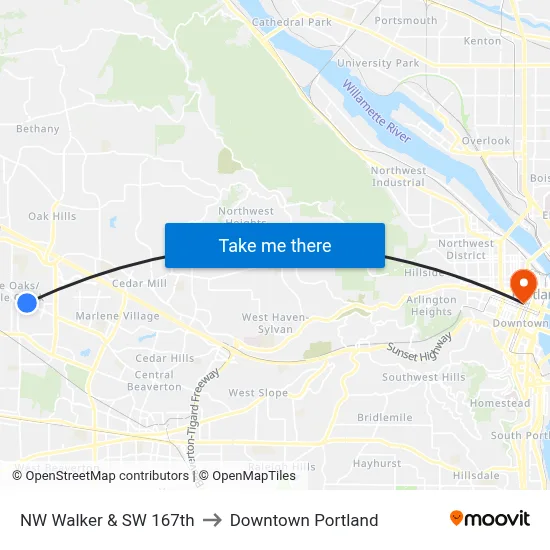 NW Walker & SW 167th to Downtown Portland map