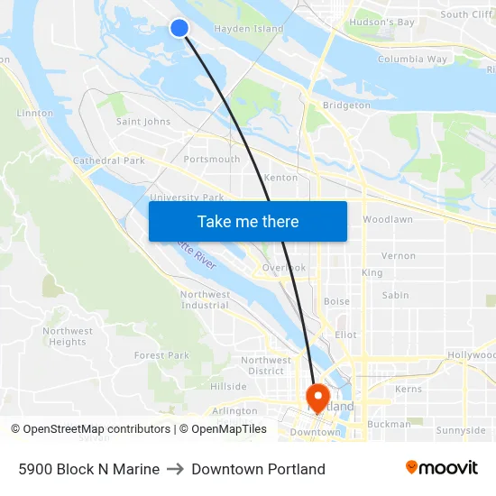 5900 Block N Marine to Downtown Portland map