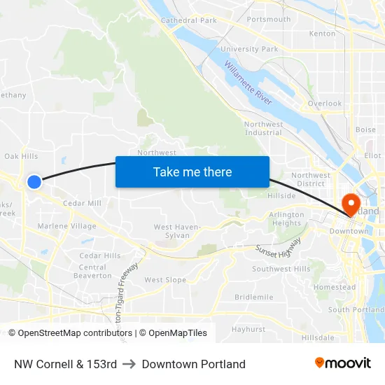 NW Cornell & 153rd to Downtown Portland map