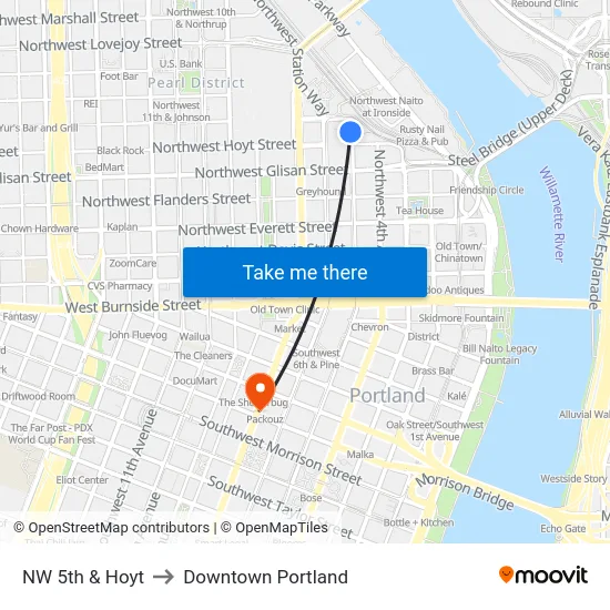 NW 5th & Hoyt to Downtown Portland map