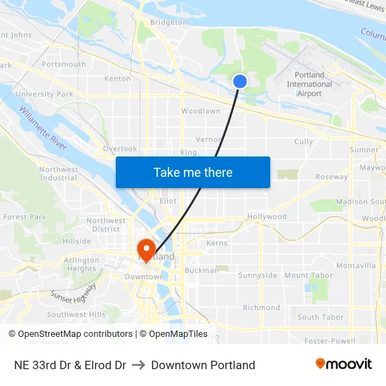 NE 33rd Dr & Elrod Dr to Downtown Portland map