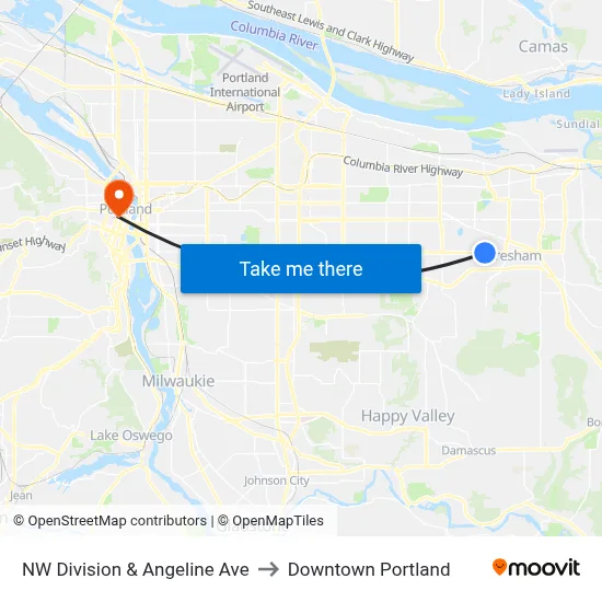 NW Division & Angeline Ave to Downtown Portland map