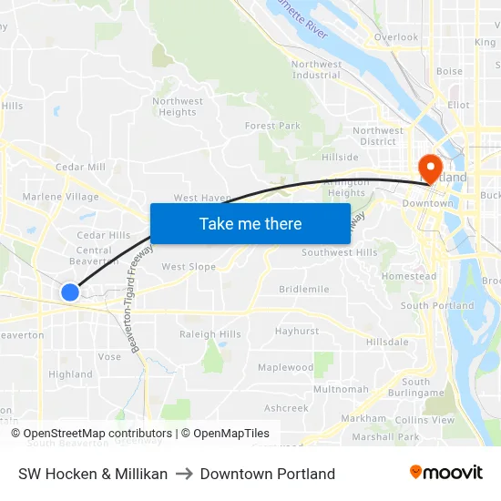 SW Hocken & Millikan to Downtown Portland map