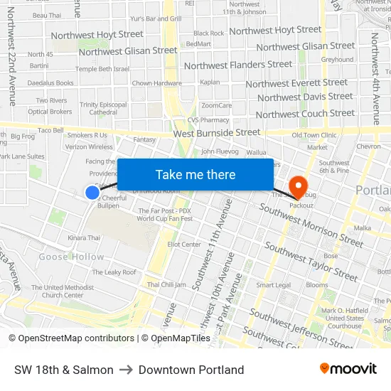 SW 18th & Salmon to Downtown Portland map