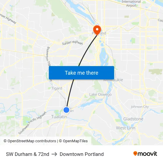 SW Durham & 72nd to Downtown Portland map