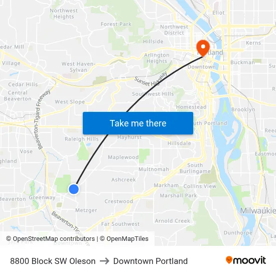 8800 Block SW Oleson to Downtown Portland map