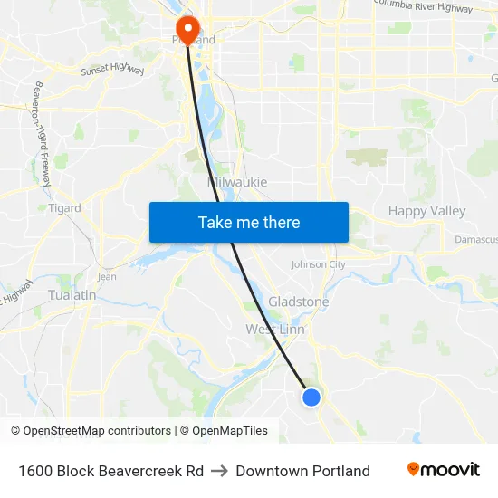 1600 Block Beavercreek Rd to Downtown Portland map