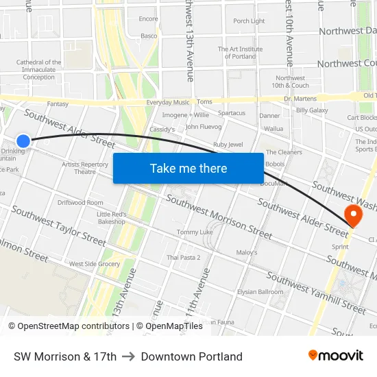 SW Morrison & 17th to Downtown Portland map