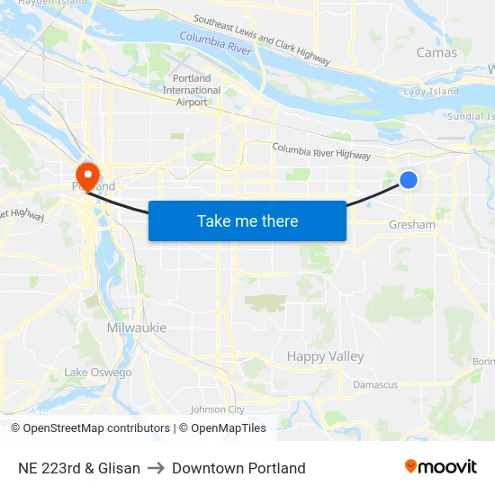 NE 223rd & Glisan to Downtown Portland map