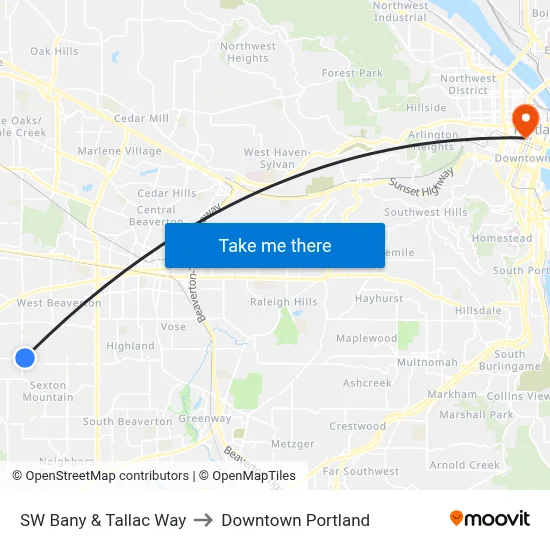 SW Bany & Tallac Way to Downtown Portland map