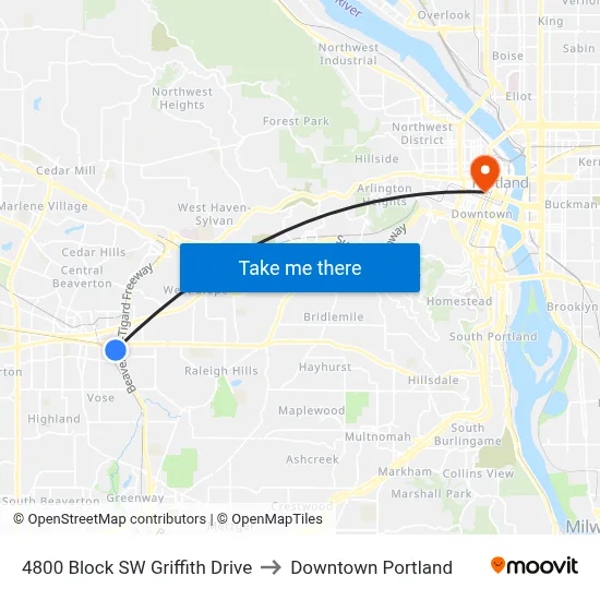 4800 Block SW Griffith Drive to Downtown Portland map