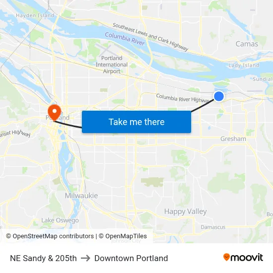 NE Sandy & 205th to Downtown Portland map