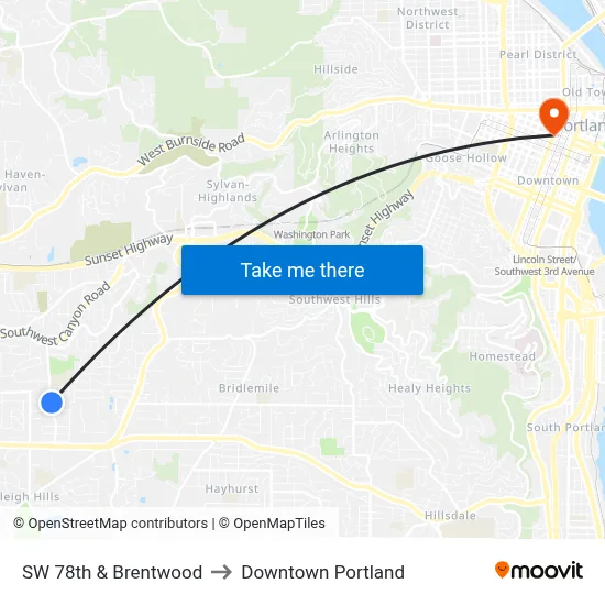 SW 78th & Brentwood to Downtown Portland map