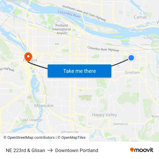 NE 223rd & Glisan to Downtown Portland map
