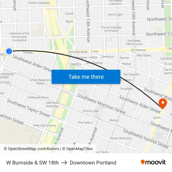 W Burnside & SW 18th to Downtown Portland map