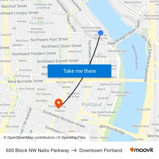 600 Block NW Naito Parkway to Downtown Portland map