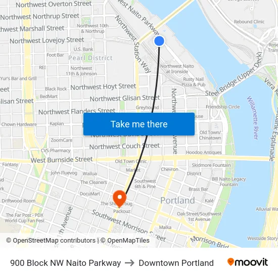 900 Block NW Naito Parkway to Downtown Portland map