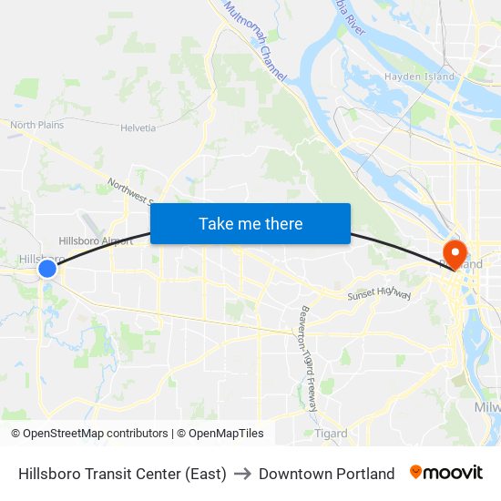 Hillsboro Transit Center (East) to Downtown Portland map