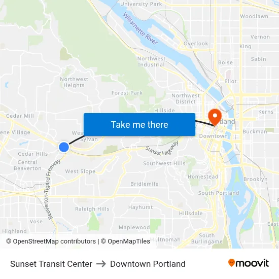 Sunset Transit Center to Downtown Portland map