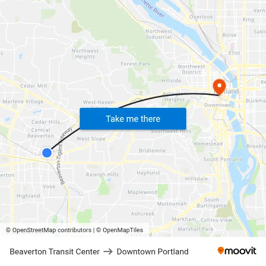 Beaverton Transit Center to Downtown Portland map