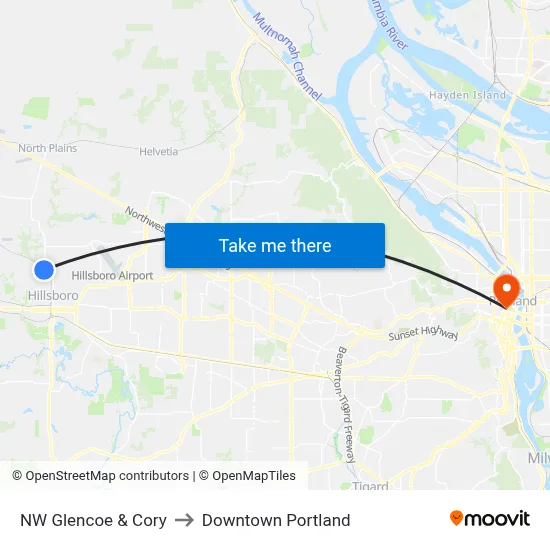 NW Glencoe & Cory to Downtown Portland map