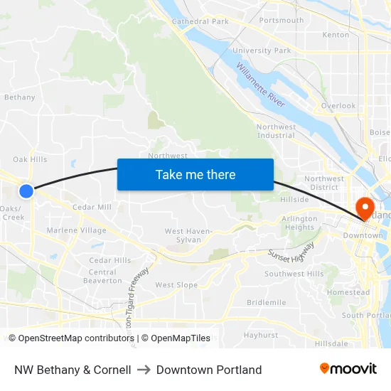 NW Bethany & Cornell to Downtown Portland map