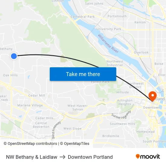 NW Bethany & Laidlaw to Downtown Portland map