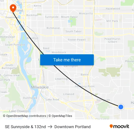SE Sunnyside & 132nd to Downtown Portland map