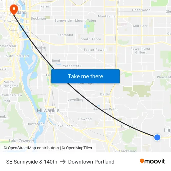 SE Sunnyside & 140th to Downtown Portland map