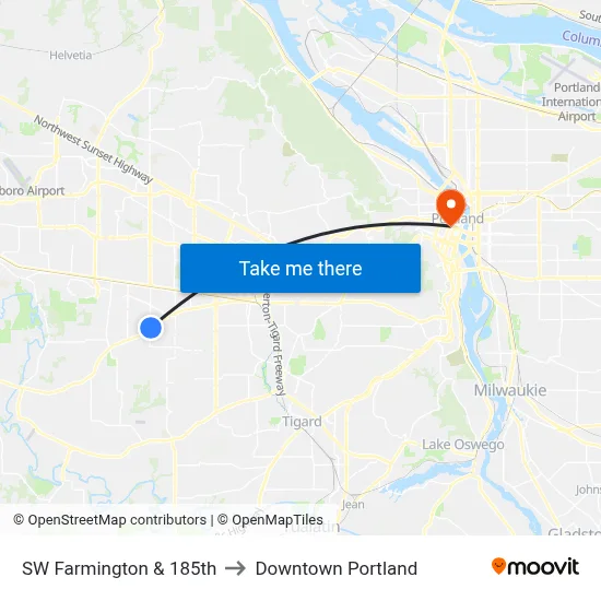SW Farmington & 185th to Downtown Portland map