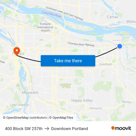 400 Block SW 257th to Downtown Portland map