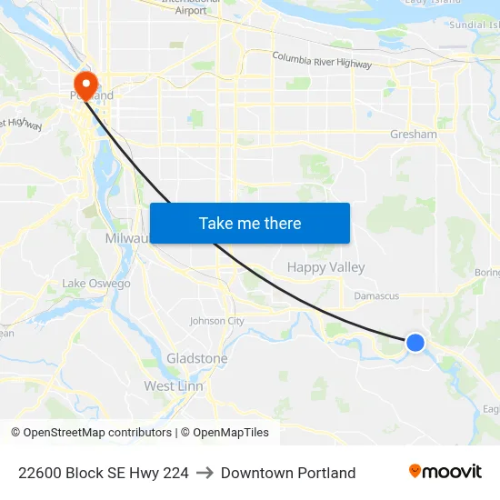 22600 Block SE Hwy 224 to Downtown Portland map