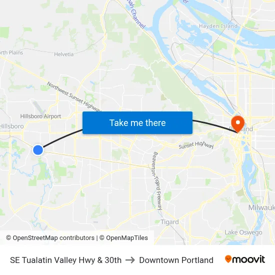 SE Tualatin Valley Hwy & 30th to Downtown Portland map