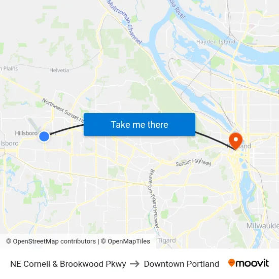 NE Cornell & Brookwood Pkwy to Downtown Portland map
