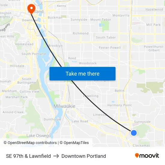 SE 97th & Lawnfield to Downtown Portland map