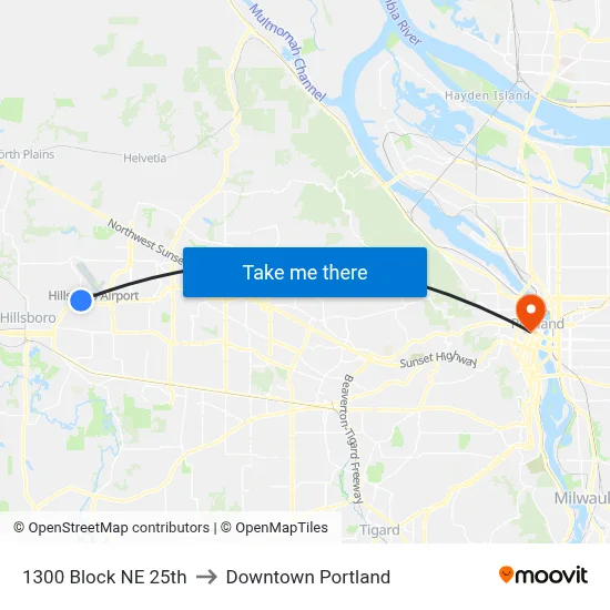 1300 Block NE 25th to Downtown Portland map