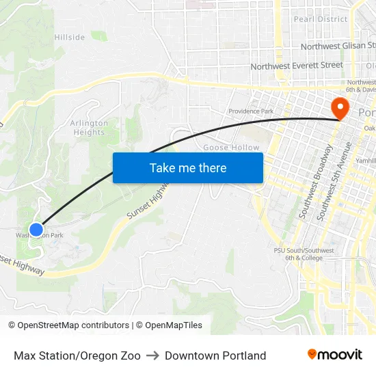 Max Station/Oregon Zoo to Downtown Portland map