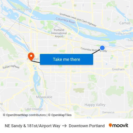 NE Sandy & 181st/Airport Way to Downtown Portland map