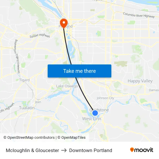Mcloughlin & Gloucester to Downtown Portland map