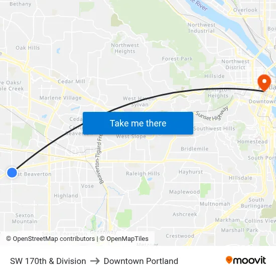 SW 170th & Division to Downtown Portland map
