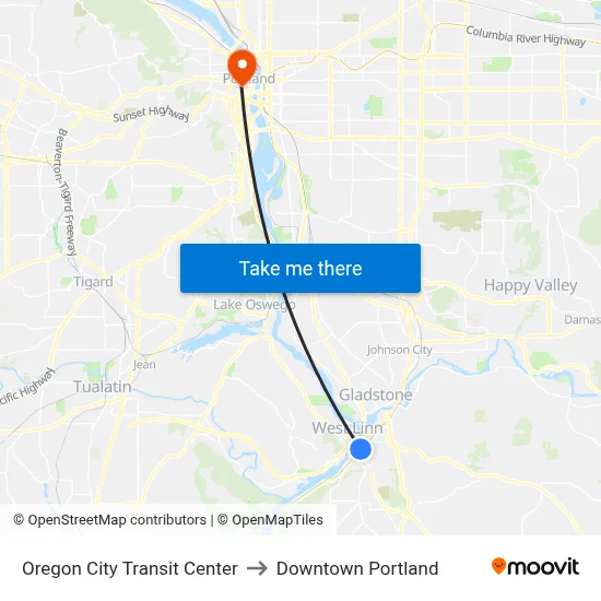 Oregon City Transit Center to Downtown Portland map