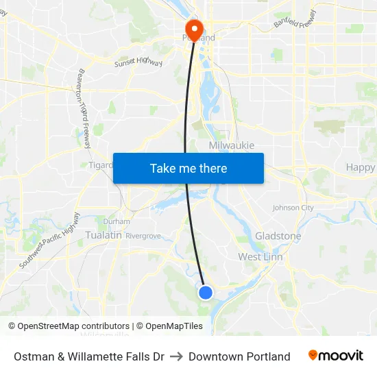 Ostman & Willamette Falls Dr to Downtown Portland map