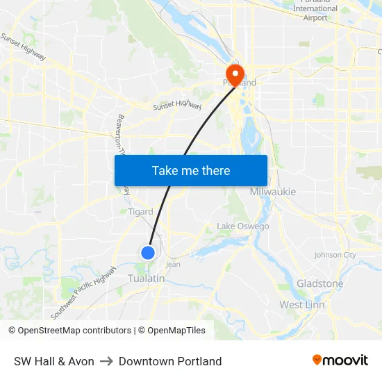 SW Hall & Avon to Downtown Portland map
