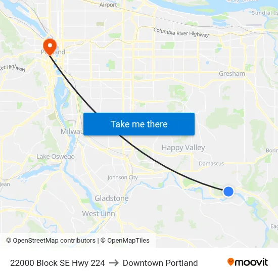 22000 Block SE Hwy 224 to Downtown Portland map